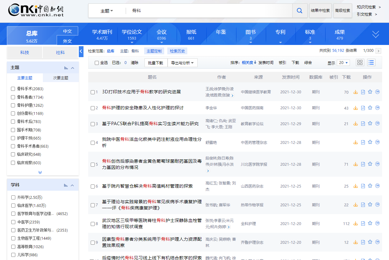 骨科类期刊知网查询截图